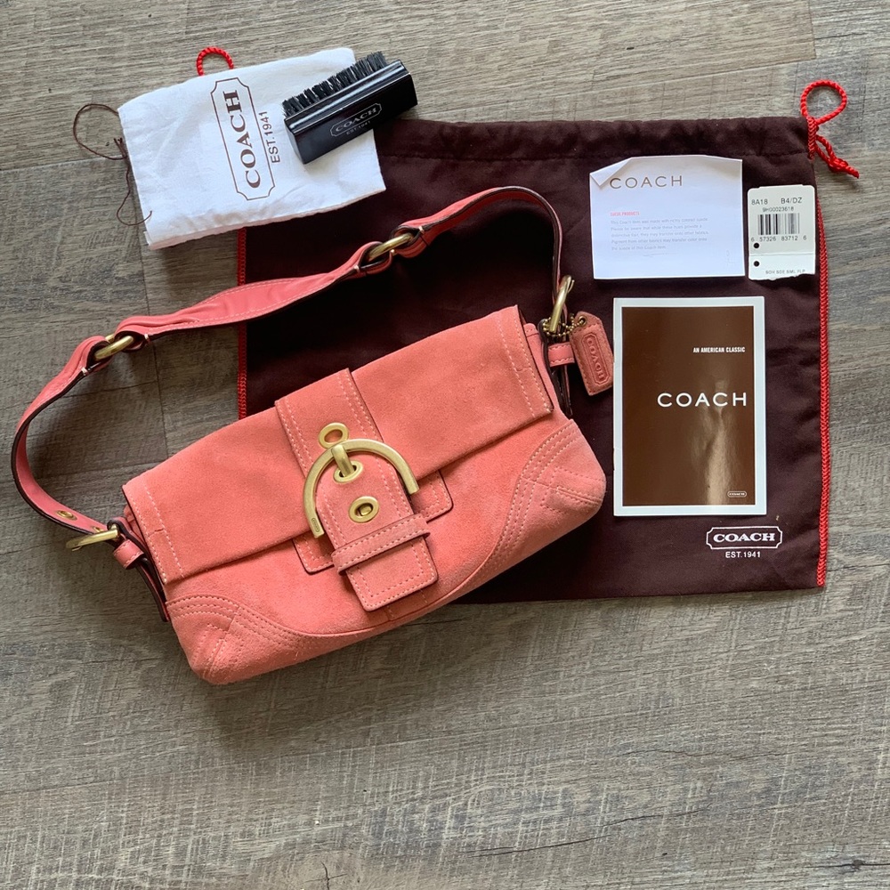 Vintage 2005 COACH Soho Pink Suede Gold Buckle Shoulder Bag - Style #8A18